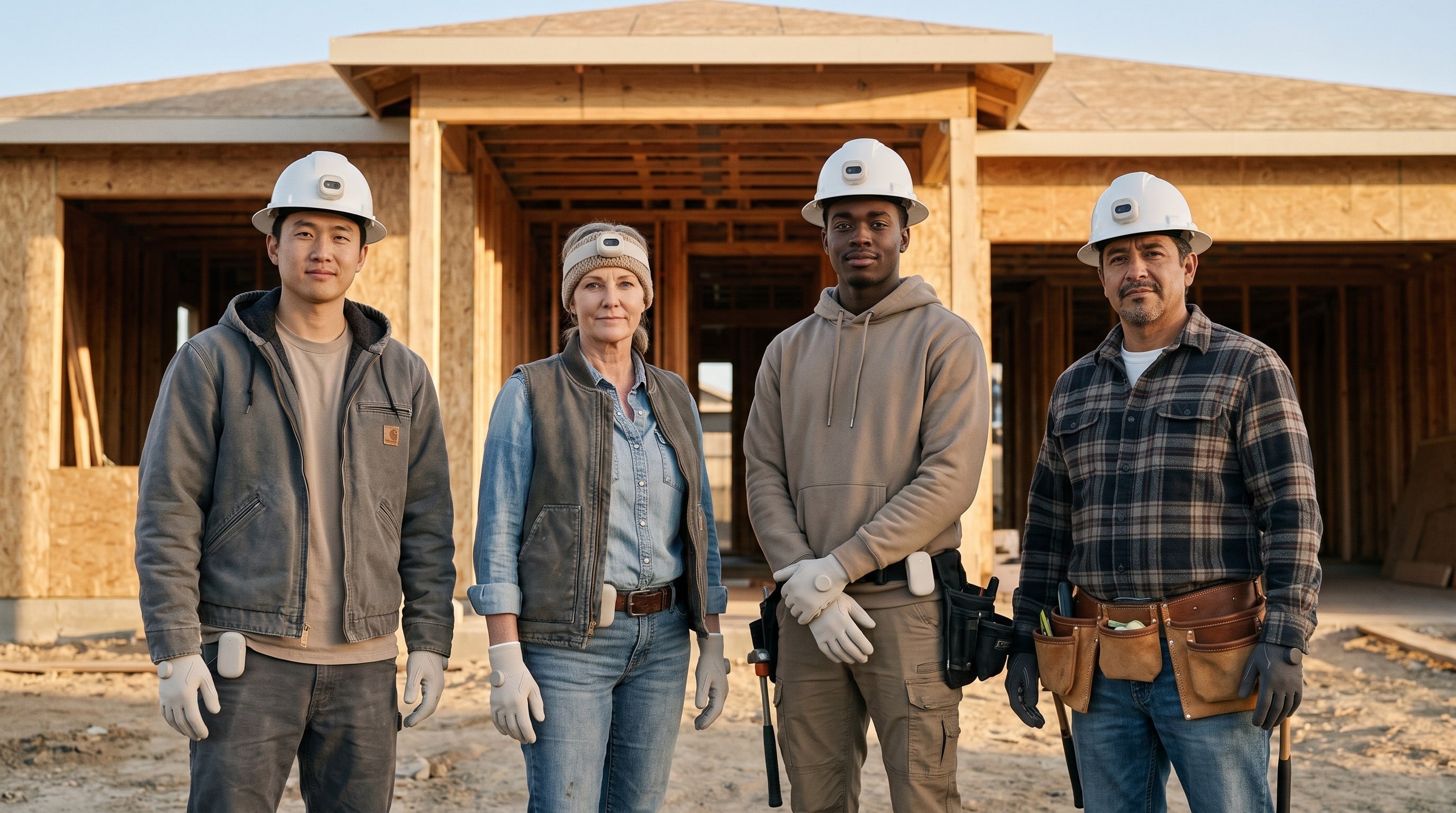 Electrician, plumber, HVAC technician and carpenter wearing Talos capture rigs in front of a house under construction