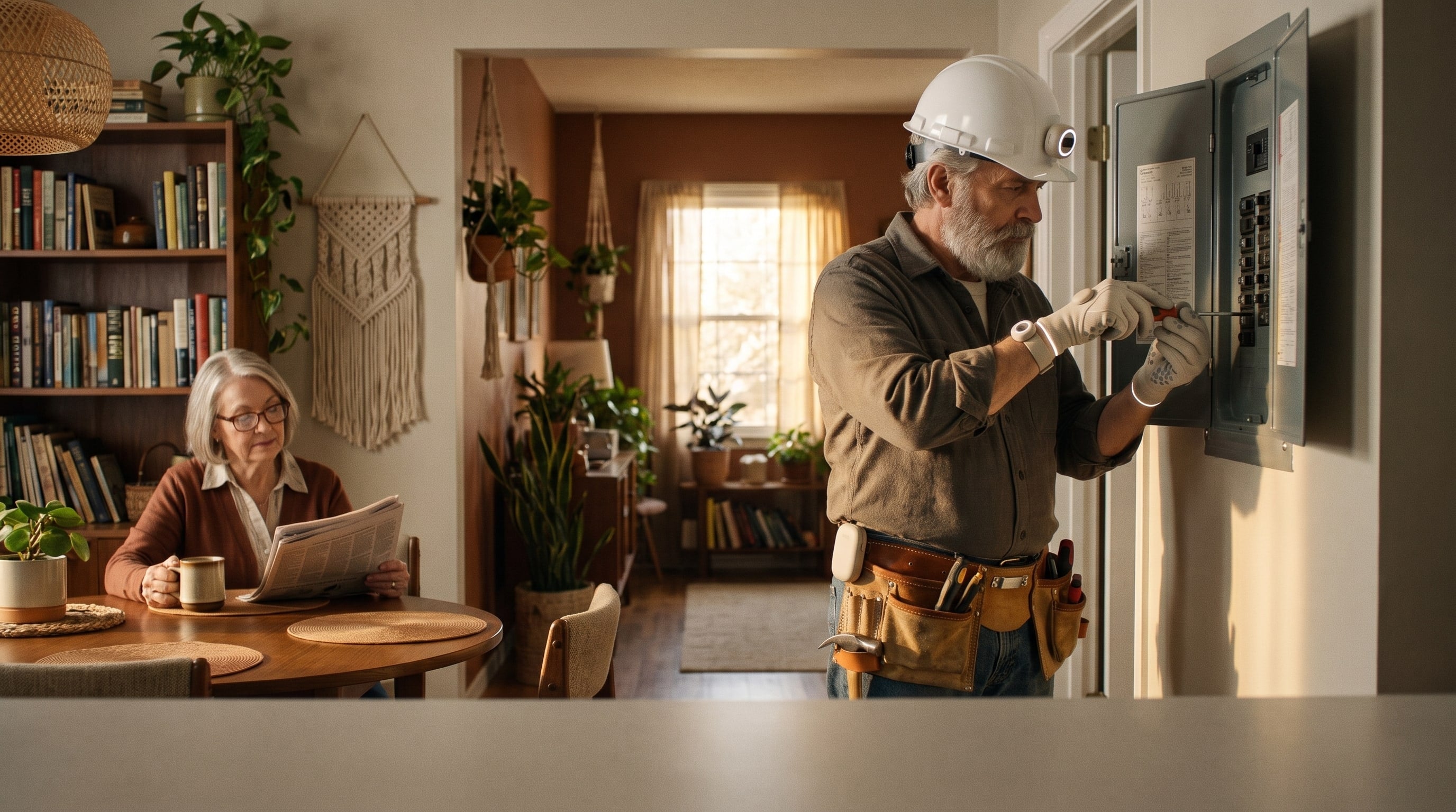 Electrician wearing the Talos capture rig — hard-hat camera, sensor gloves and belt recorder — working on a home breaker panel while the homeowner reads nearby