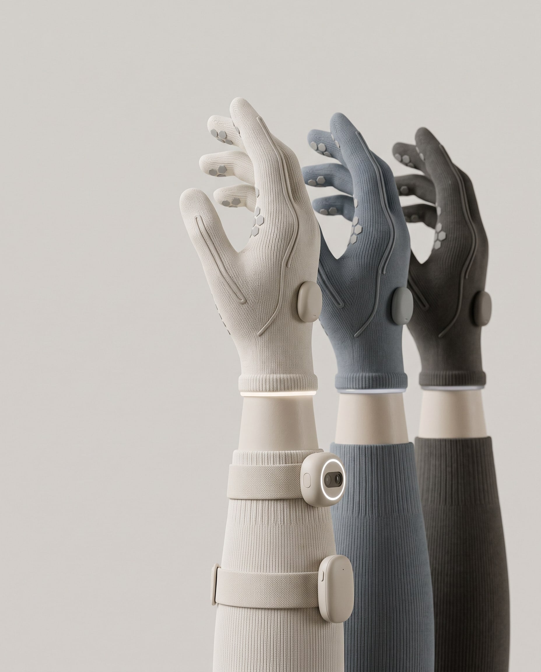 Three Talos Capture Gloves in bone, slate and graphite knit with hexagonal fingertip sensors and glowing wrist rings