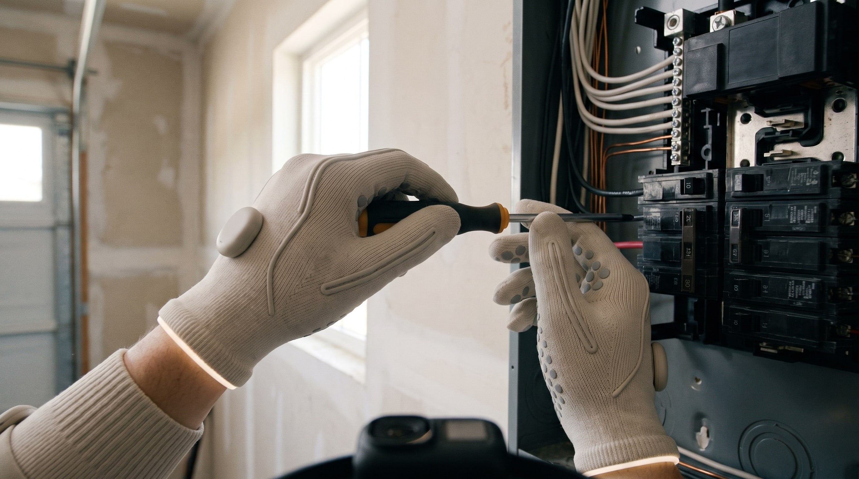 First-person view from the Talos head camera: an electrician's gloved hands landing a wire on a breaker in a residential panel