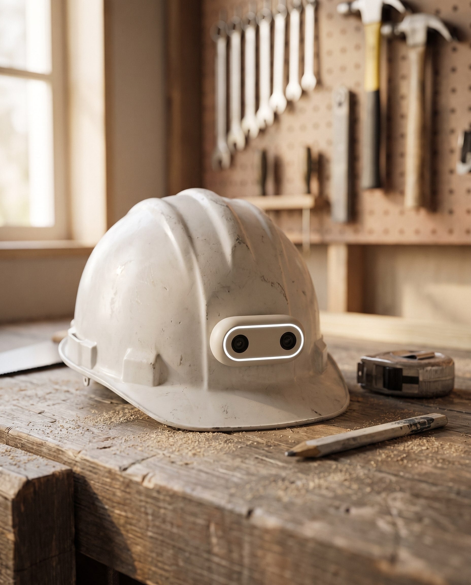 Talos stereo head camera mounted on the brim of a white hard hat on a workshop bench